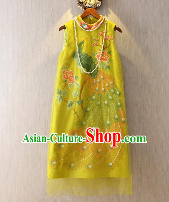 Chinese Traditional National Costume Tangsuit Yellow Cheongsam Dress for Women