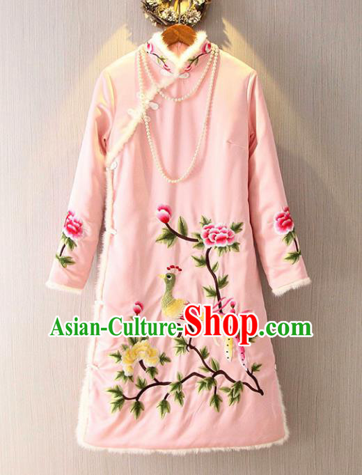 Chinese Traditional National Costume Pink Qipao Tangsuit Embroidered Cheongsam Dress for Women