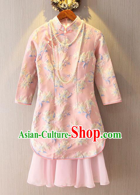 Chinese Traditional National Costume Stand Collar Pink Cheongsam Tangsuit Embroidered Qipao Dress for Women