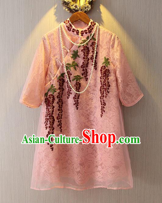 Chinese Traditional National Costume Pink Lace Cheongsam Tangsuit Embroidered Qipao Dress for Women