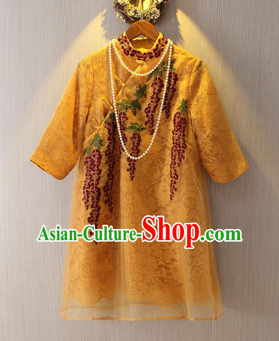 Chinese Traditional National Costume Yellow Lace Cheongsam Tangsuit Embroidered Qipao Dress for Women