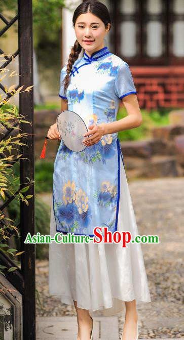 Chinese Traditional National Costume Printing Cheongsam Tangsuit Qipao Dress for Women