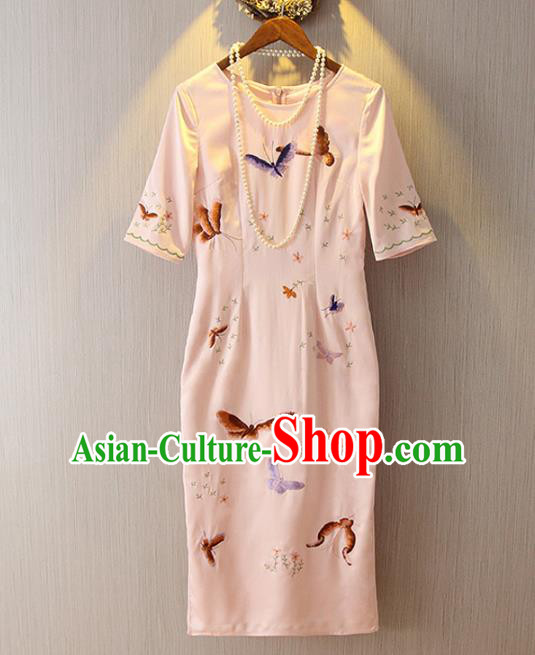 Chinese Traditional National Costume Embroidery Butterfly Pink Cheongsam Qipao Dress for Women