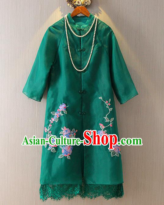 Chinese Traditional National Costume Green Coats Tangsuit Embroidered Cheongsam Dust Coat for Women