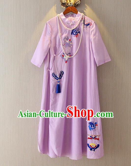 Chinese Traditional National Costume Purple Qipao Tangsuit Embroidered Butterfly Cheongsam Dress for Women