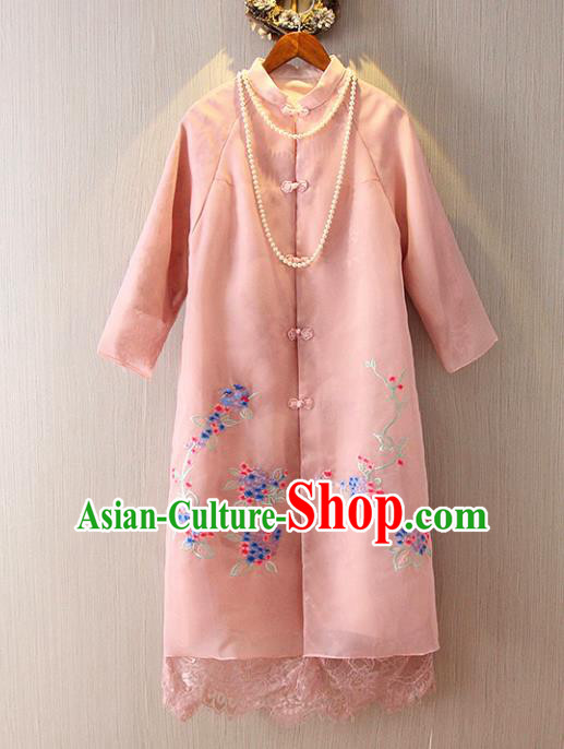 Chinese Traditional National Costume Pink Coats Tangsuit Embroidered Cheongsam Dust Coat for Women