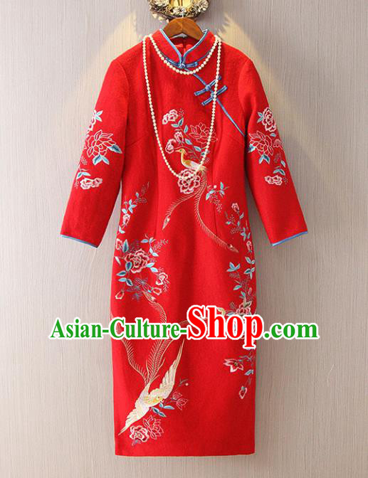 Chinese Traditional National Costume Stand Collar Red Cheongsam Tangsuit Embroidered Qipao Dress for Women