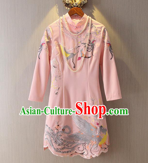 Chinese Traditional National Costume Stand Collar Pink Cheongsam Tangsuit Embroidered Qipao Dress for Women