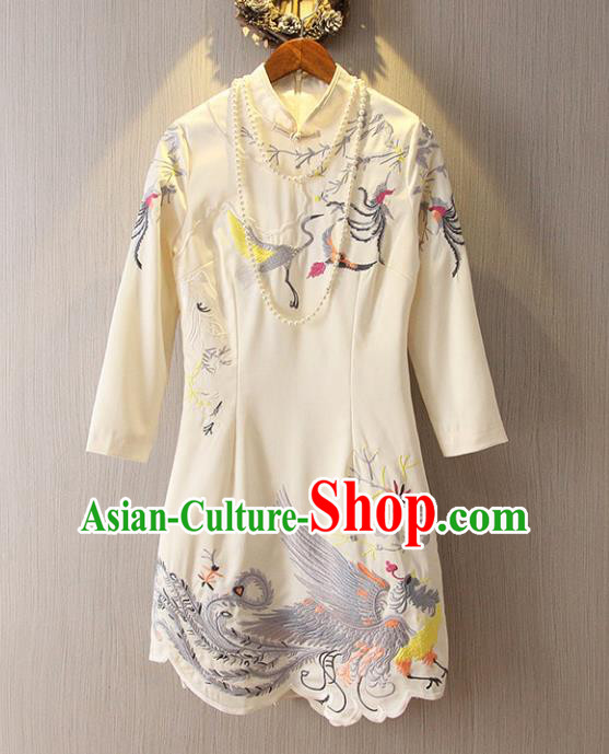 Chinese Traditional National Costume Stand Collar White Cheongsam Tangsuit Embroidered Qipao Dress for Women