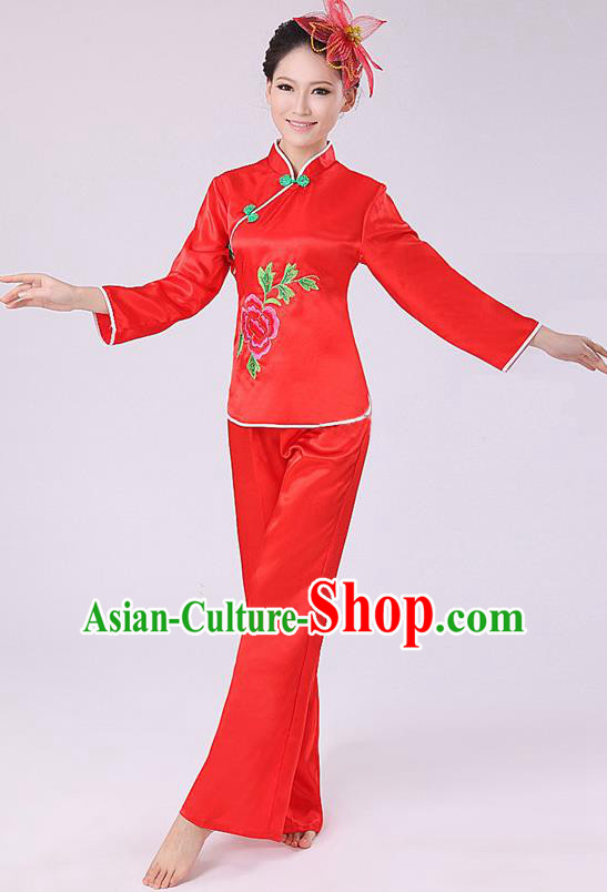 Chinese Traditional Fan Dance Costume, China Folk Dance Red Uniform Yangko Clothing for Women