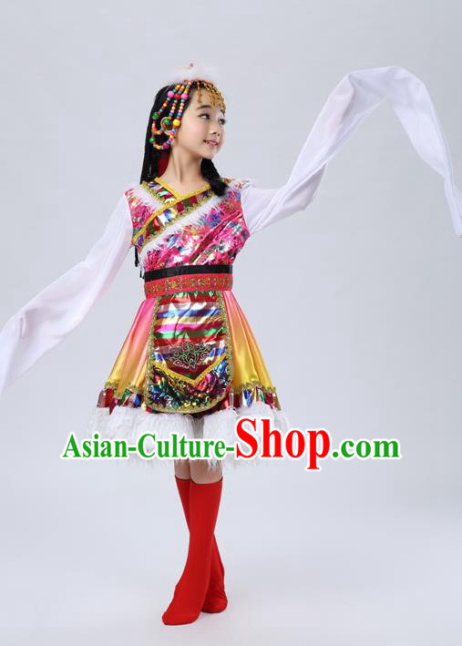 Traditional Chinese Mongol Nationality Dance Rosy Costume, Mongols Children Folk Dance Ethnic Pleated Skirt for Kids