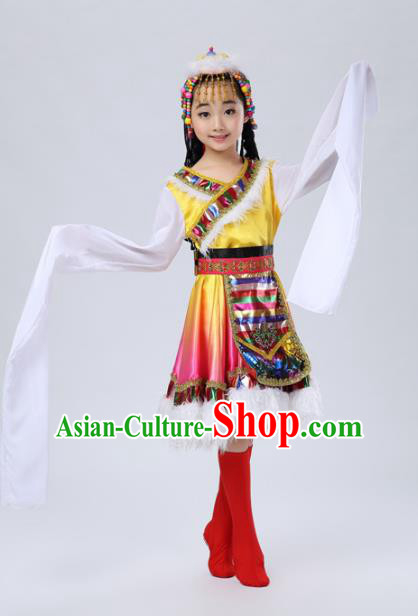 Traditional Chinese Mongol Nationality Dance Costume, Mongols Children Folk Dance Ethnic Pleated Skirt for Kids