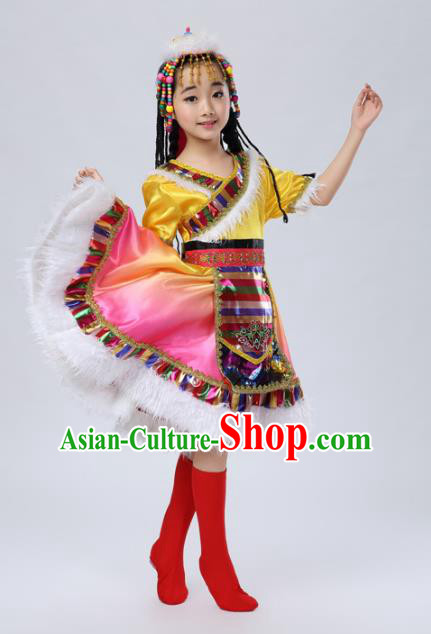 Traditional Chinese Mongol Nationality Dance Costume, Mongols Children Folk Dance Ethnic Pleated Skirt for Kids