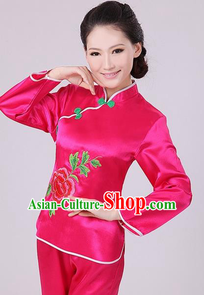 Chinese Traditional Fan Dance Costume, China Folk Dance Rosy Uniform Yangko Clothing for Women