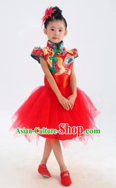 Chinese Classical Stage Performance Classical Dance Costume, Children Yangko Dance Red Bubble Dress for Kids