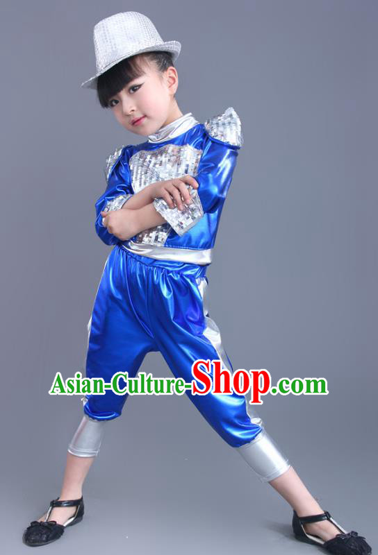 Chinese Classical Stage Performance Jazz Dance Blue Costume, Children Modern Dance Clothing for Kids