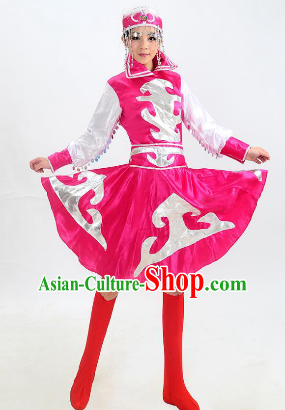 Traditional Chinese Mongol Nationality Dance Costume, Mongols Folk Dance Rosy Dress for Women