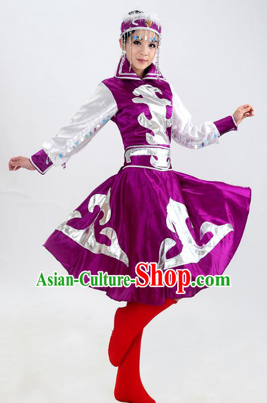 Traditional Chinese Mongol Nationality Dance Costume, Mongols Folk Dance Purple Dress for Women