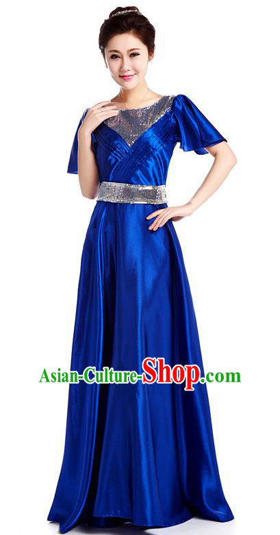 Chinese Classic Stage Performance Chorus Singing Group Costume, Chorus Competition Royalblue Dress for Women