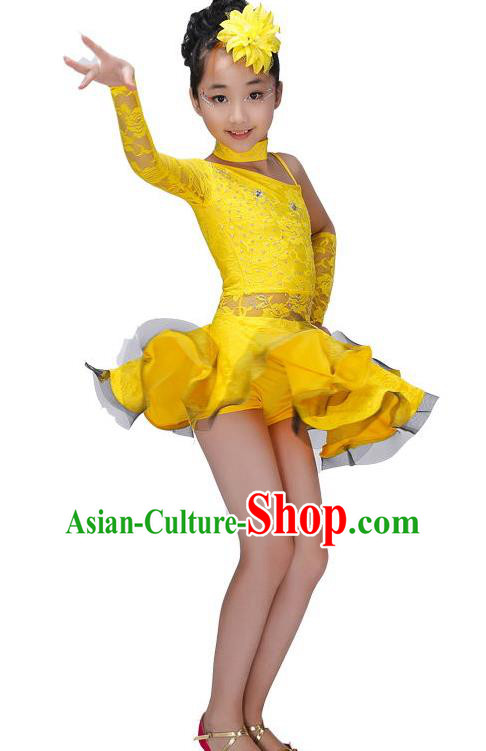 Chinese Classic Stage Performance Costume Children Modern Latin Dance Yellow Dress for Kids