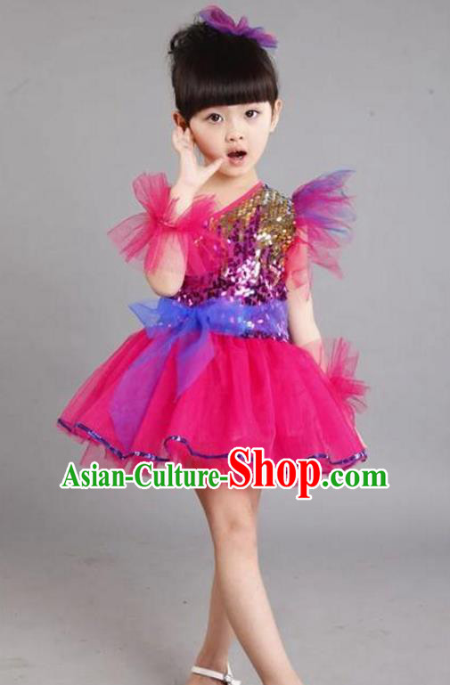 Chinese Classic Stage Performance Costume Children Modern Dance Princess Rosy Bubble Dress for Kids