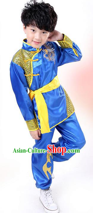 Traditional Chinese Yangge Dance Costume, Folk Dance Lion Dance Blue Uniform Yangko Clothing for Kids