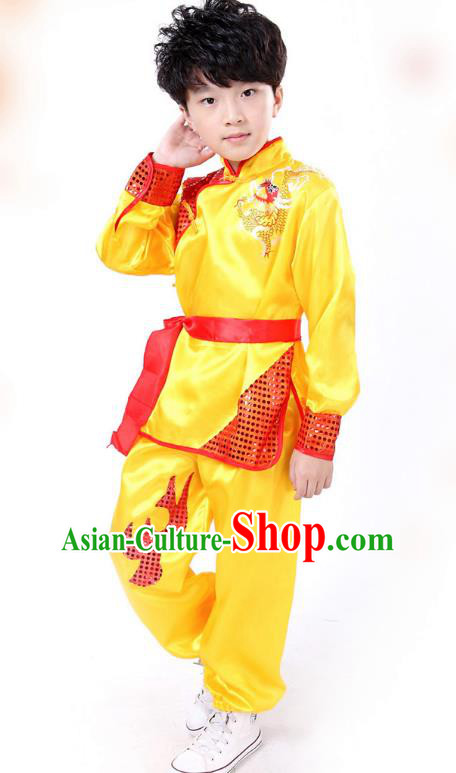 Traditional Chinese Yangge Dance Costume, Folk Dance Lion Dance Yellow Uniform Yangko Clothing for Kids