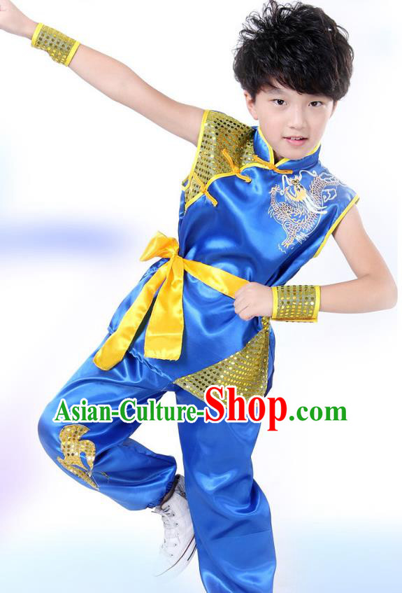 Traditional Chinese Yangge Dance Costume, Folk Dance Lion Dance Short Sleeve Blue Uniform Yangko Clothing for Kids