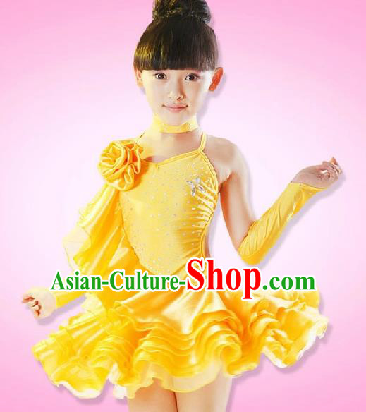 Top Grade Children Stage Performance Costume, Professional Latin Dance Yellow Dress for Kids