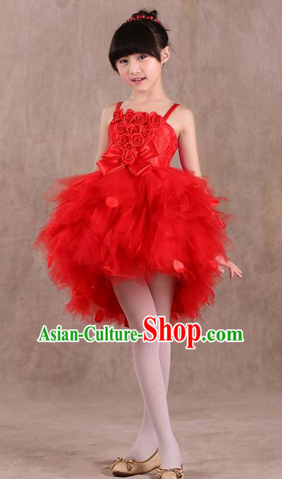 Top Grade Children Stage Performance Compere Costume, Professional Chorus Singing Group Red Bubble Dress for Kids