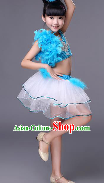 Traditional Chinese Modern Dance Costume Opening Dance Jazz Dance Blue Uniforms for Kids