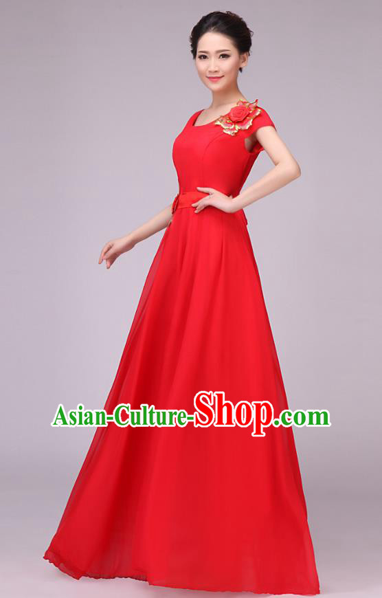 Traditional Chinese Modern Dance Compere Costume, Chorus Singing Group Dance Red Dress for Women