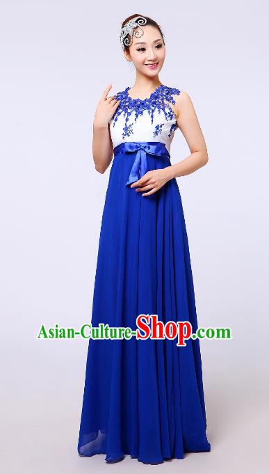 Traditional Chinese Modern Dance Compere Costume, Chorus Singing Group Blue Dress for Women