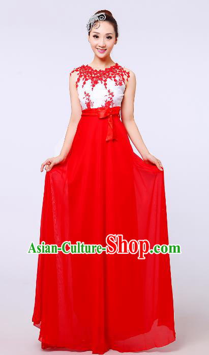 Traditional Chinese Modern Dance Compere Costume, Chorus Singing Group Red Dress for Women