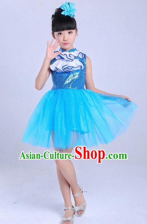 Children Modern Dance Compere Costume Blue Dress, Chorus Singing Group Girls Clothing for Kids