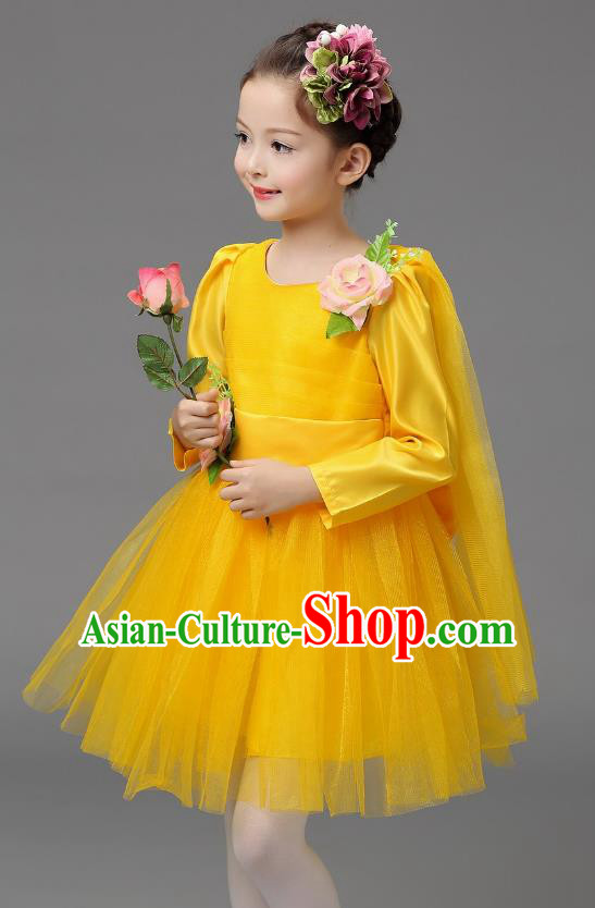 Top Grade Modern Dance Costume, Children Chorus Singing Group Dance Yellow Veil Dress for Kids