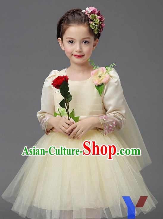 Top Grade Modern Dance Costume, Children Chorus Singing Group Dance Beige Veil Dress for Kids