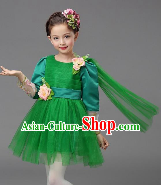 Top Grade Modern Dance Costume, Children Chorus Singing Group Dance Green Veil Dress for Kids