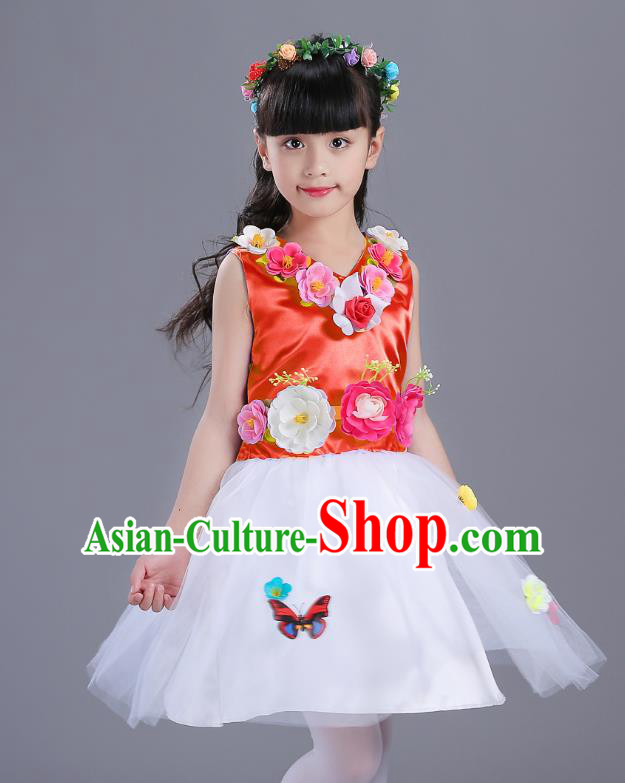 Top Grade Flower Faerie Modern Dance Costume, Children Chorus Singing Group Dance Red Dress for Kids