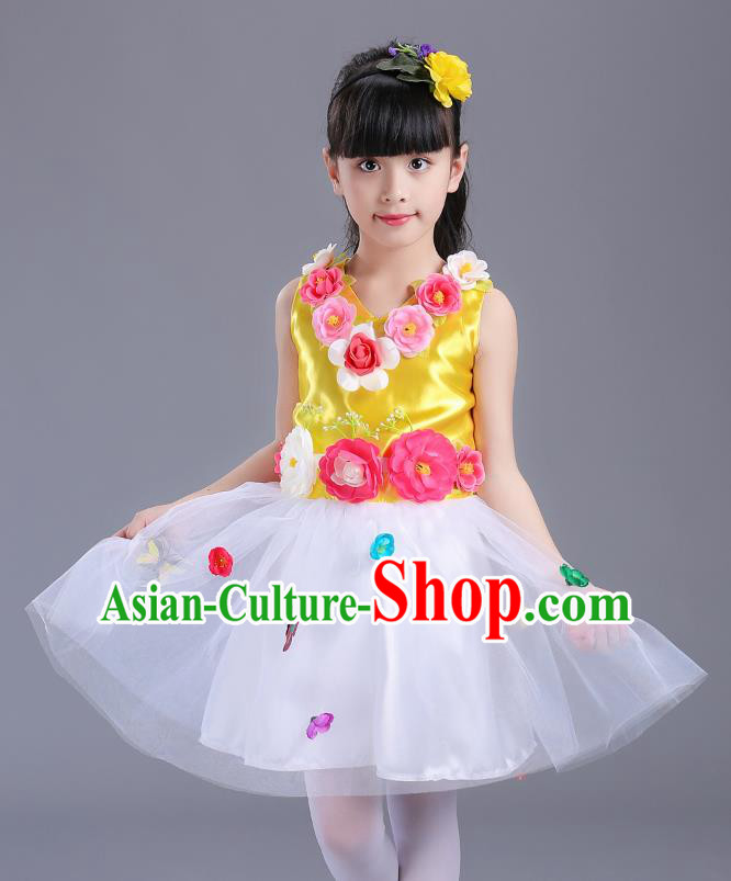 Top Grade Flower Faerie Modern Dance Costume, Children Chorus Singing Group Dance Yellow Dress for Kids