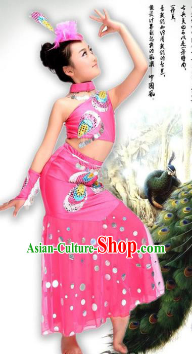 Traditional Chinese Ethnic Nationality Pavane Costume, Chinese Peacock Dance Pink Clothing for Kids