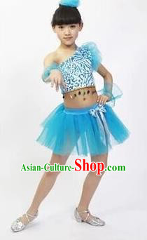 Top Grade Stage Performance Latin Dance Costume, Professional Modern Dance Blue Bubble Dress for Kids