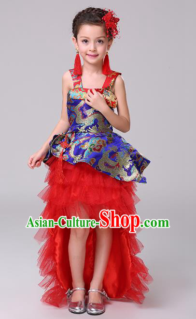 Top Grade Stage Performance Dance Costume, Professional Modern Dance Blue Trailing Dress for Kids