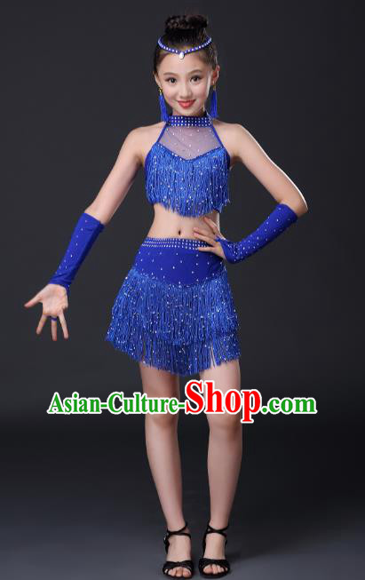 Top Grade Stage Performance Jazz Dance Costume, Professional Modern Dance Royalblue Tassel Dress for Kids