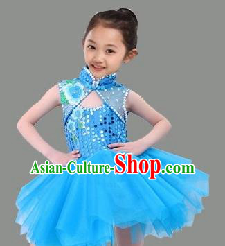 Top Grade Stage Performance Children Compere Costume, Professional Chorus Singing Blue Bubble Dress for Kids