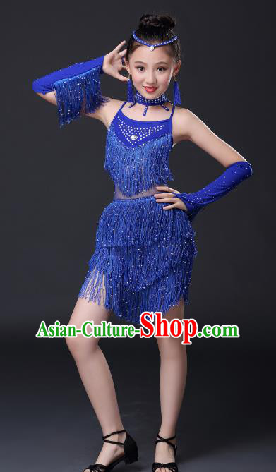 Top Grade Stage Performance Jazz Dance Costume, Professional Modern Dance Blue Tassel Uniforms for Kids