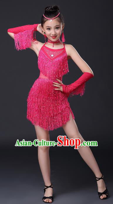 Top Grade Stage Performance Jazz Dance Costume, Professional Modern Dance Rosy Tassel Uniforms for Kids