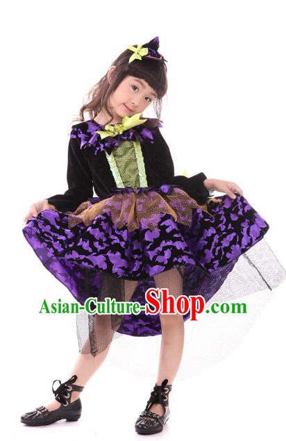 Top Grade Halloween Stage Performance Costume, Professional Modern Dance Cosplay Witch Dress for Kids