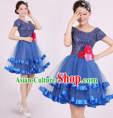 Top Grade Stage Performance Dance Chorus Costume, Professional Modern Dance Blue Bubble Dress for Women