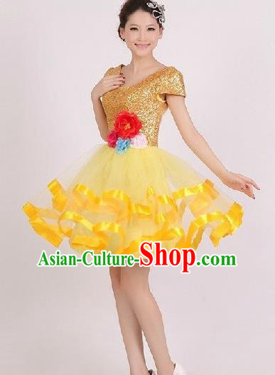 Top Grade Stage Performance Dance Chorus Costume, Professional Modern Dance Yellow Bubble Dress for Women